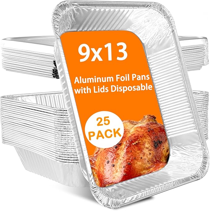 Aluminum Foil Pans with Lids 9x13 Disposable – Half Size Aluminum Foil Heavy Duty deep Turkey Roasting Pan, Tin foil Sheets Tray Chafing for Cooking, Baking, Storing, Food Prepping, 25 Pack