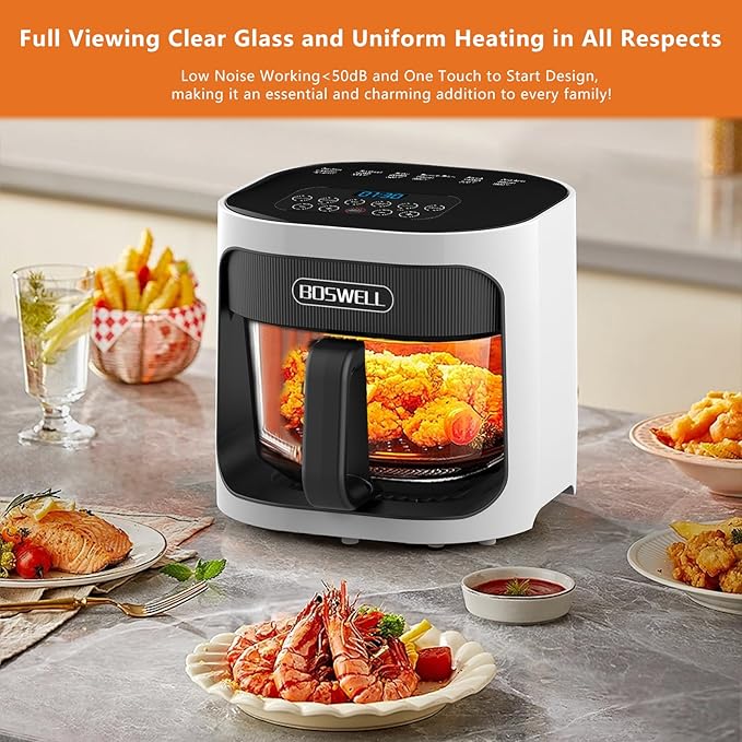 BOSWELL 4.5QT Glass Air Fryer - 6-in-1 with Transparent Bowl | Circulating Air for Crispy Results | Bake, Broil, Air Fry | Temperature Control, Dishwasher Safe (White)