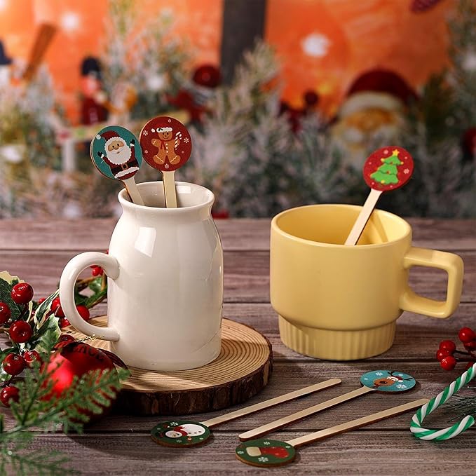 Jinei 120 Pcs Christmas Wooden Coffee Stirrers Wood Cocktail Coffee Stir Sticks Disposable Drink Stirrers for Stirring Hot Chocolate Milkshake Restaurant Home Office (Assorted Style)