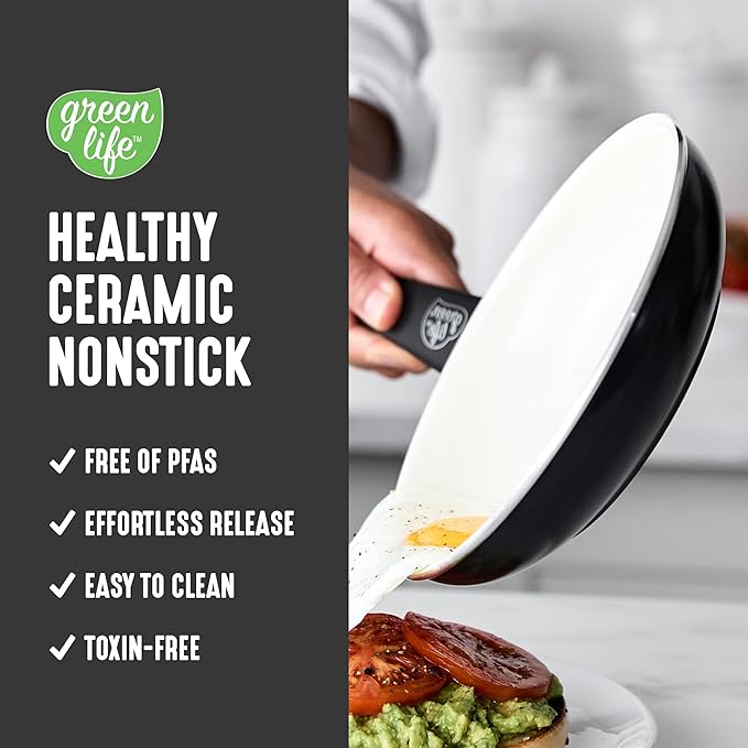 GreenLife 16 Piece Nonstick Cookware Set, Soft Grip Non-Toxic PFAS-Free Ceramic Pots & Pans, Dishwasher & Oven Safe, Frying, Sauce, Utensils, Glass Lids, Stay-Cool Handles, Wobble Free, Black & Cream