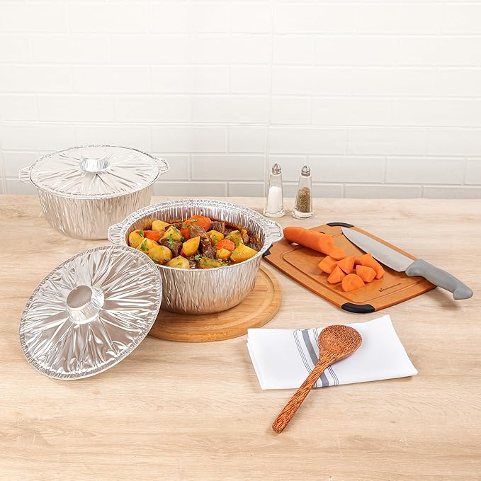Foil Lux 3.5 Quart Pans And Lids, 10 Disposable Pots With Lids - Oven-Ready, Stove Compatible, Aluminum Foil Baking Pans, Freezable, For Outdoor Camping, Vacation, Picnic, And More - Restaurantware