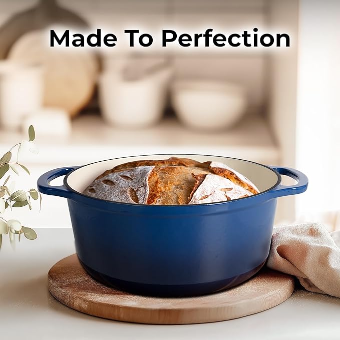 Zulay Kitchen 5 Quart Enameled Cast Iron Dutch Oven with Lid,Silicone Trivet & Heat Pad – Premium Durability & Oven Safe up to 500°F – Heavy Duty Cookware Perfect for Bread Baking, Stews, Braising & Roasting – Blue