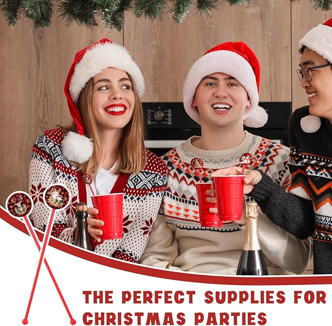 Meanplan 60pcs Christmas Swizzle Sticks Christmas Cocktail Stirrers Plastic Stir Sticks Xmas Santa Claus Snowman Decorations for Birthday Party Coffee Shop Supplies Favors Gifts(Buffalo Plaid)