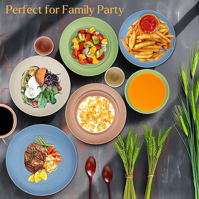 Wheat straw plates and bowls sets of 16 - Unbreakable wheat straw dinnerware sets for kids - Alternative plastic dinnerware set service for 4 - Microwave safe and Dishwasher safe bowls. Nordic