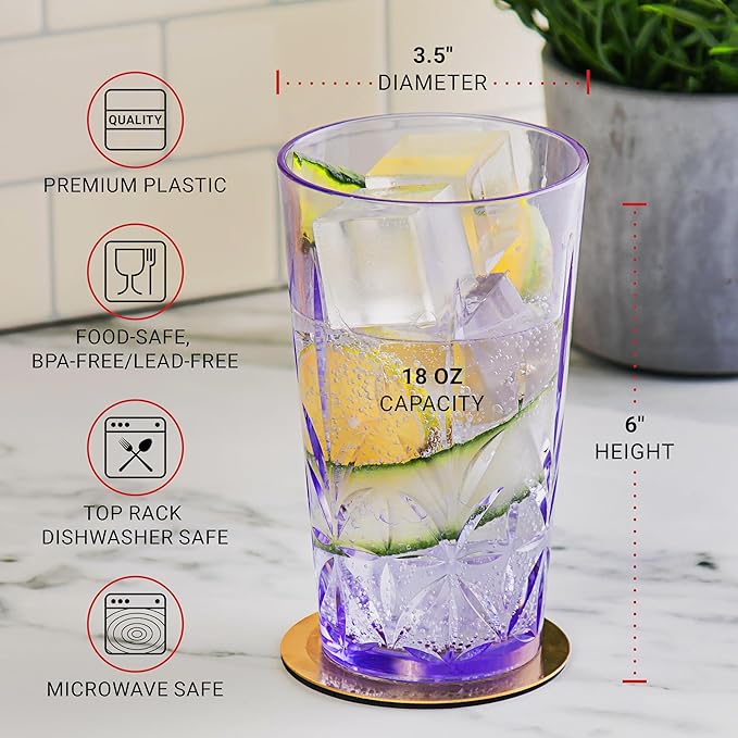 Royal Plastic Drinking Tumbler, Premium Quality Water Glasses, Dishwasher-Safe BPA-Free Durable Mixed Colors Assorted Stackable Cups, 18 oz Set of 6