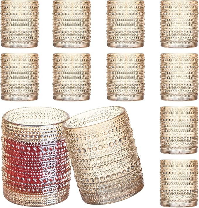 12 Pcs Golden Hobnail Beaded Drinking Glasses, 12 oz Vintage Glassware Set Romantic Water Glasses Tumbler, Water Cups, Clear Embossed Glassware Set for Beer, Juice, Cocktail, Soda, Beverages Amber