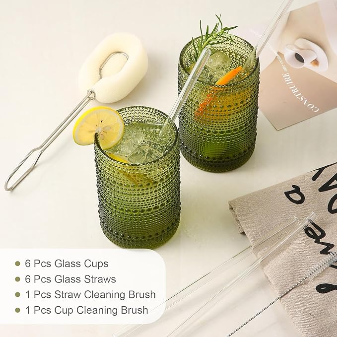 Vintage Glassware Drinking Glasses Set of 6,15 oz Hobnail Glass Cups,Embossed Green Water Tumbler,for Beer,Cocktail,Whiskey,Juice and Various Mixed Drinks- 1 Cleaning Brush