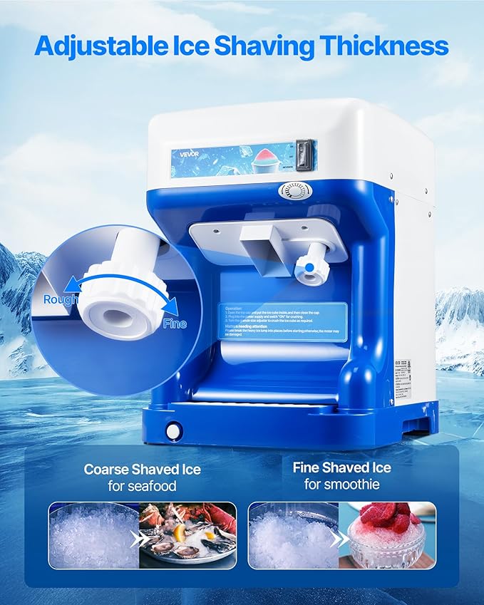 VEVOR Commercial Ice Shaver Crusher,286lbs Per Hour Electric Snow Cone Maker with 2L Ice Cube Box, 250W 1500RPM Tabletop Shaved Ice Machine for Parties Events Snack Bar, Home and Commercial Use (Blue)