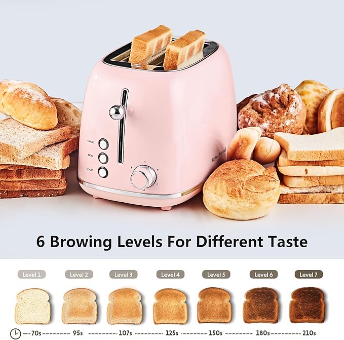 Roter Mond 2 Slice Toaster Retro Stainless Steel with Bagel, Cancel, and Defrost Functions, 6 Bread Shade Settings, Extra Wide Slots and Removable Crumb Tray, Pink