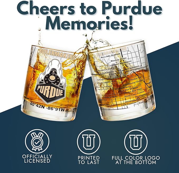 Greenline Goods – University of Purdue Boilermakers College Whiskey Glasses (Set of 2), 10 oz – Full-Color Logo + Campus Map