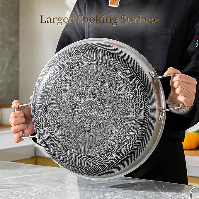 DELARLO Nonstick Paella Pan With Lid 14 Inch, Tri-Ply Stainless Steel Large Skillet, Everyday Pan, Fast & Even Heating Induction Cooking Pan, Dishwasher and Oven Safe, Heavy Duty Style