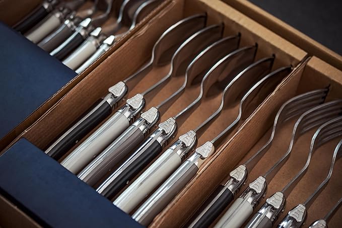 Laguiole Heritage Dinnerware Set; Luxury French Flatware in Premium Stainless Steel with Ergonomic ABS Handles; Features 6 Steak Knives, Forks, Tea/Coffee & Dessert Spoons, Iris, 24-Piece