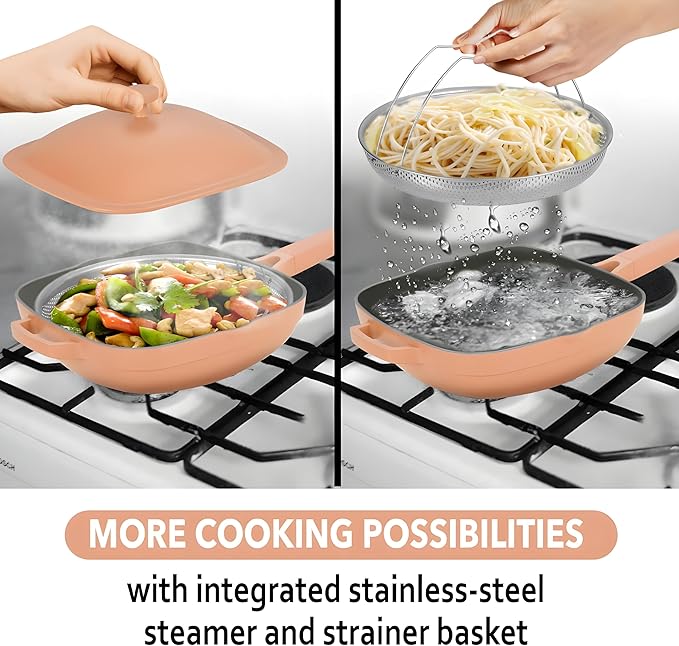 Nonstick Ceramic Saute Pan with Steamer, Non Toxic Deep Frying Skillet with Spatula, PFOA,PFOS,Lead & Cadmium Free,Dishwasher Safe,4 Qt,11-inch, Terracotta,All in One Pan,ceramic cookware with lid