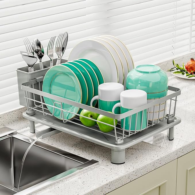 Dish Drying Rack, Space-Saving Dish Rack, Dish Racks for Kitchen Counter, Kitchen Dish Drainers with Removable Utensil Holder,Plate Rack and Drainboard, 11''W x 15''L, Gray