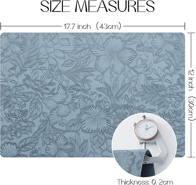 Romanstile Vinyl Placemats Set of 4-12 X 18 Inch - Heat Resistant Non-Slip Embossed Floral Place Mats 100% Waterproof Oilproof Wipeable Faux Leather Table Mats for Kitchen/Dining/Party, SkyBlue