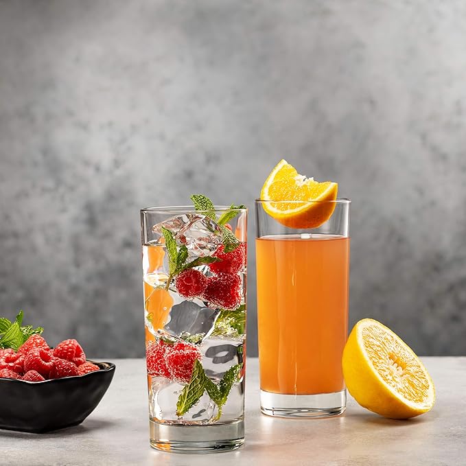 Godinger Highball Drinking Glasses, Italian Made Tall Glass Cups, Water Glasses Drinking Set, Cocktail Glasses - 14oz, Set of 4, Made In Italy