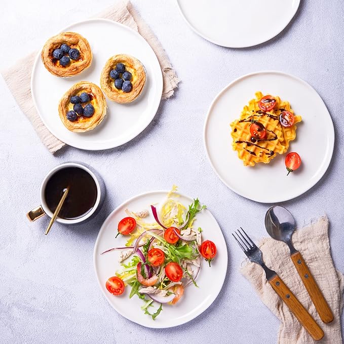 LERATIO Ceramic Plates,8.0 inch Salad Plates Set of 6,Handmade Porcelain Plates for kitchen with Wavy Edge,Microwave & Dishwasher & Oven Safe,Light weight & Scratch Resistant Dishes-White