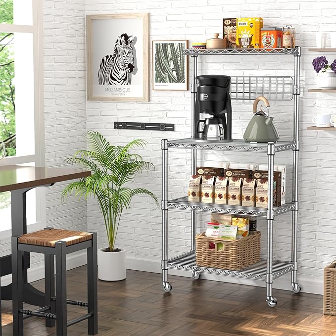 Leteuke Bakers Rack for Kitchen with Storage, NSF Certified 4-Tier Adjustable Coffee Bar with Wheels 10 S-Hooks Microwave Stand Kitchen Storage Shelf Metal Storage Rack 30 x 14 x 59 Inches, Chrome