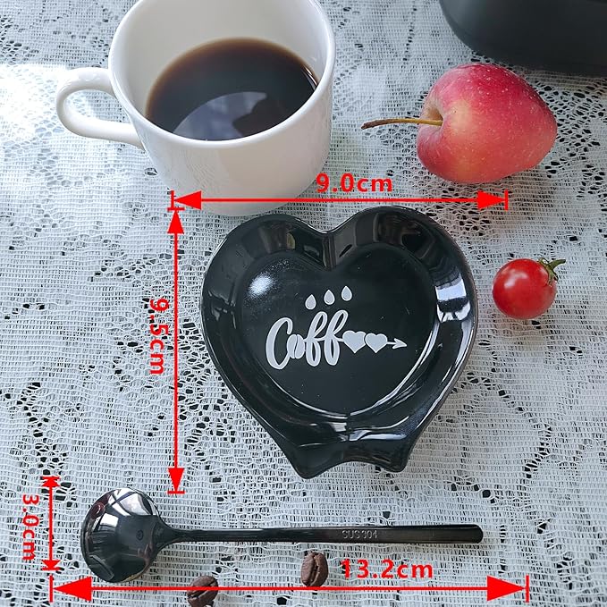 Heart-shaped Coffee Spoon Rest, Mini Coffee Spoon Holder, Small Ceramic Spoon Rest for Coffee Stirrers, Teaspoon, Bar Spoon, Coffee Bar Accessories, Coffee Station (Ture black+black Spoon)