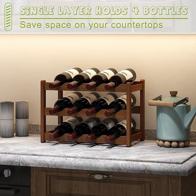BMOSU Bamboo Wine Rack Wine Storage Cabinet Shelf 12 Bottle Wine Racks Countertop Sturdy for Kitchen Dining Room Pantry - 3 Tiers Wine Rack(Brown)