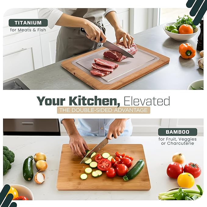 Double-Sided 100% Titanium Cutting Board with Bamboo Charcuterie Side – Pure Titanium Cutting Boards for Kitchen – Large(16"x12") Elegant Cutting Board w/Juice Groove & Wood Presentation Surface