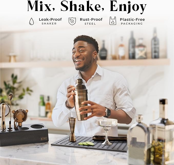 BARE BARREL® Mixology Bartender Kit Bar Set | 14-Piece Cocktail Shaker Set | Martini Barware Mixing Tools for Home Bartending | Incl. 35 Recipe Cards | Gift Set (24oz Cobbler Shaker, Brass/Black)