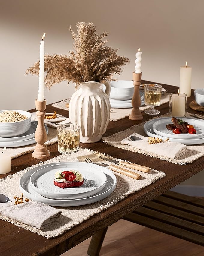 Stoneware Dinnerware Sets, Plate and Bowl Sets for 4, 12 Pieces Spiral Flared Dishware Set with Speckles & Reactive Glaze - Microwave and Dishwasher Safe Tableware, White