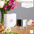 Black and White Salt and Pepper Shakers with Holder - Elegant Stainless Steel Salt Shaker and Pepper Shaker Set with Acrylic Holder for Kitchen Counter or Restaurant Table