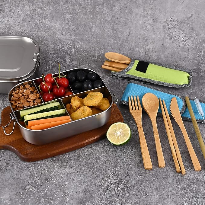 UPTRUST Stainless Steel Bento Lunch Food Box Container, 5-Compartment Large 1400ML Metal Bento Lunch Box Container for Kids or Adults with Lockable Clips to Leak Proof