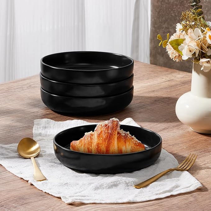 E-far Pasta Bowls Set of 4-35oz Ceramic Large Serving Salad Bowls, Wide & Shallow Stoneware Pasta Plates for Salad, Soup, Dinner| Dishwasher & Microwave Safe | Matte Black
