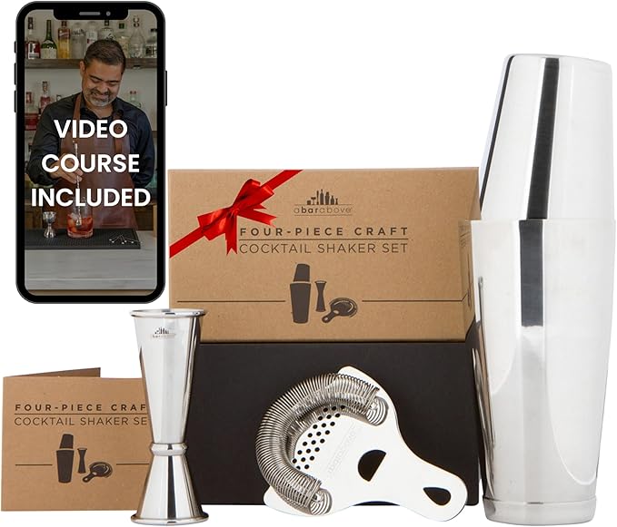 A Bar Above 4-Piece Cocktail Shaker Set, for Professional and Home Bar, Premium Bar Kit Gifts, Includes Strainer, Jigger, Shaker Set, and 4-Hour Cocktail Course