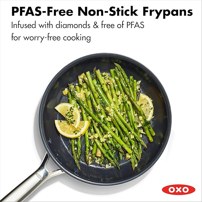 OXO 13 Piece Stainless Steel Cookware Set, Tri-Ply Multiclad Pots & Pans, PFAS-Free Ceramic Nonstick Coated Frying Pans, Induction Compatible, Dishwasher & Oven Safe, Sauce, Stock, Saute, Silver