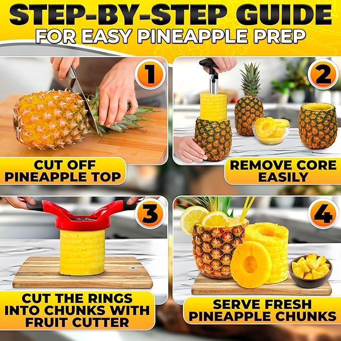 Pineapple Corer and Slicer Tool – Stainless Steel Pineapple Peeler Tool with Reinforced Thick Blade for Effortless Slicing – Core Remover and Cutter for Diced Fresh Rings, Black Handle, Easy to Clean