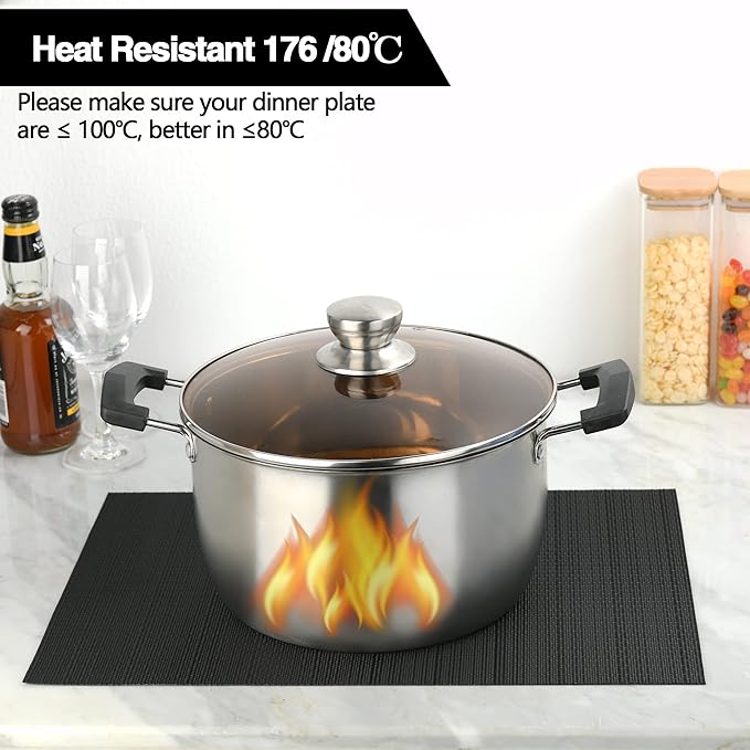 Black Placemats Set of 6 - Easy Clean Washable Vinyl Placemats - Wipeable Heat Proof Table Mats for Dining Table - 17x12 Inch (Pure Black, 6)