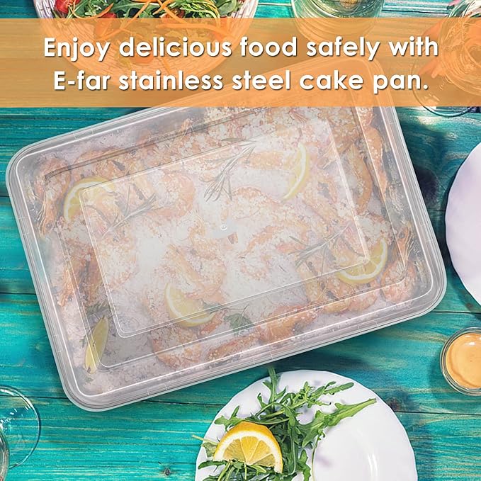 E-far Small Baking Pan with Lid, 9.4”x 7” x 2” Stainless Steel Rectangle Sheet Cake Pans for Toaster Oven, Metal Covered Bakeware for Cakes Brownies Casseroles, Non-toxic & Dishwasher Safe - Set of 2