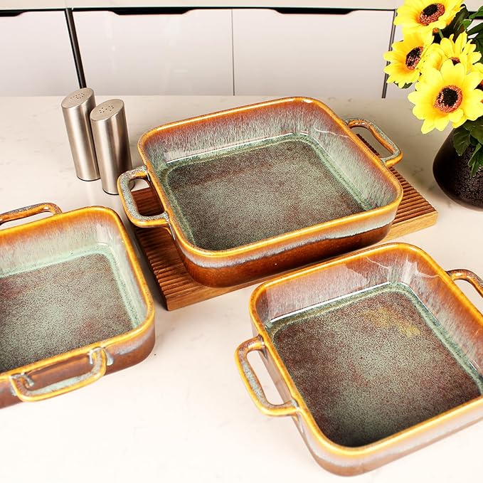 9" x 9"Square Casserole Dish, 1.8 Qt Ceramic Au gratin Baking Dish with Handles, Or for mixing, salad, pasta plate, Best gift for those who love baking, Microwave, Oven safe