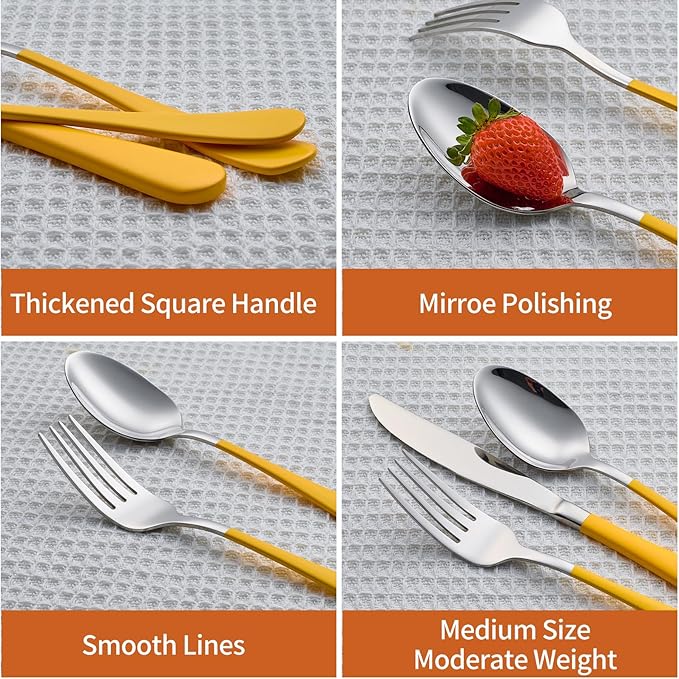 20 Piece Yellow 18/0 Flatware Utensil Set for 4, Include Dinner Knife,Dinner Forks,Dinner Spoons,Salad Forks,Teaspoons,Silverware Set for 4, Dishwasher Safe