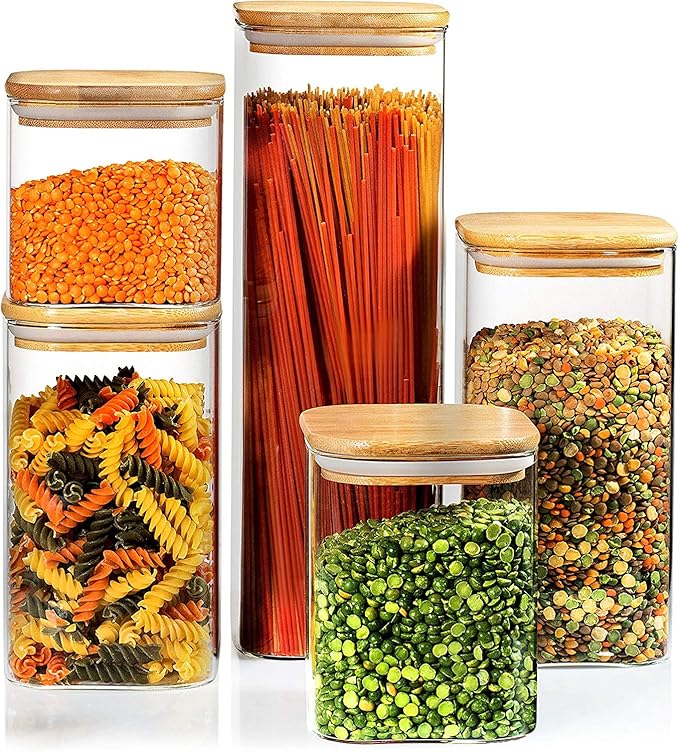 5 Square Canisters, Glass Kitchen Canister with Airtight Bamboo Lid, Glass Storage Jars for Kitchen, Bathroom and Pantry Organization Ideal for Flour, Sugar, Coffee, Candy, Snack & More