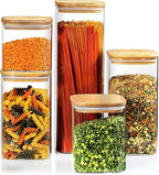 5 Square Canisters, Glass Kitchen Canister with Airtight Bamboo Lid, Glass Storage Jars for Kitchen, Bathroom and Pantry Organization Ideal for Flour, Sugar, Coffee, Candy, Snack & More
