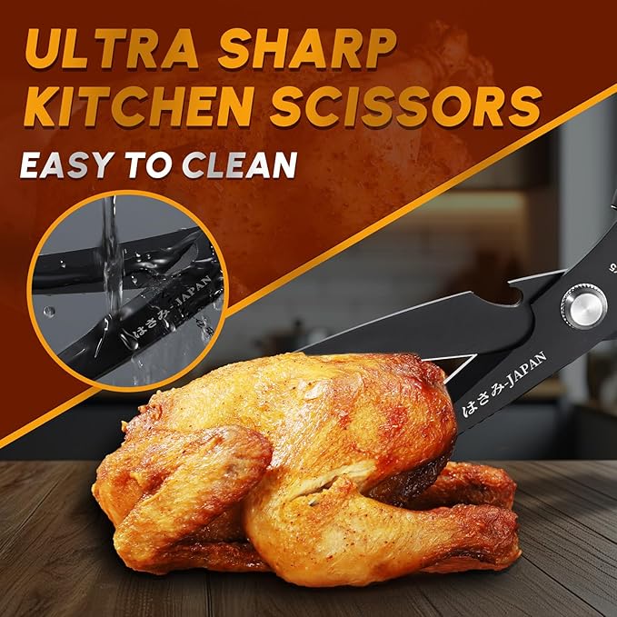 HUUSK Kitchen Scissors Set Black - Upgraded Stainless Steel Kitchen Shear, Sharp Meat Scissors, Heavy Duty Poultry Shears, Japanese Cooking Scissor for Food, Chicken Bones, and Turkey, Dishwasher Safe