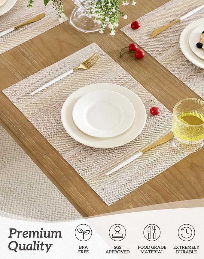 Leetaltree Lightsteel Beige with Yellow Placemats Set of 4 - Heat Resistant Non-Slip Place mats for Dining Table, Washable Durable PVC Vinyl Woven Table Mats (Lightsteel Beige, 4)