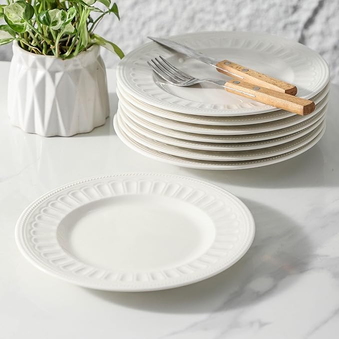 Neaylfe 8-Piece Ceramic Salad Plates Set, 8in Embossed Modern Small Dinner Plates for Kitchen, Ceramic Flat Plates for Salad, Dessert, Appetizer, Microwave, Oven, and Dishwasher Safe