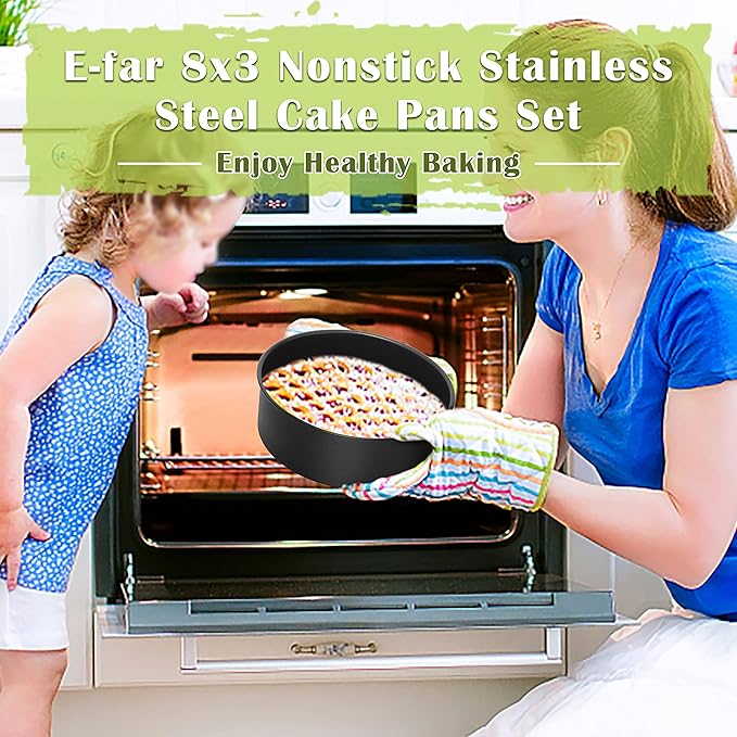 E-far 8 x 3 Inch Cake Pan Set of 2, Nonstick Stainless Steel Round Cake Pans Tin for Baking Birthday Wedding Layer Cakes, Stainless Steel Core & Non-toxic Coating, Deep & Straight Side