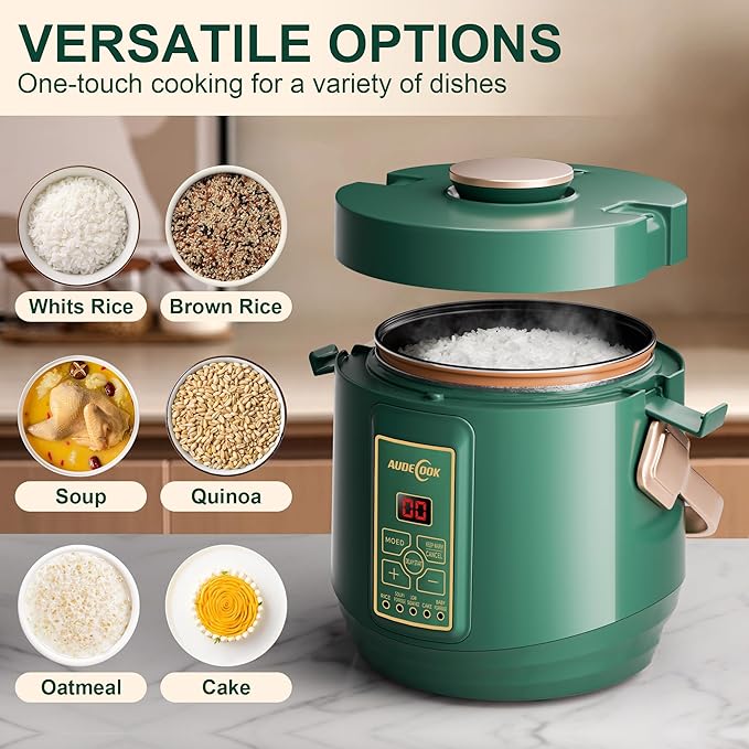 Audecook Mini Rice Cooker, 1.2L Small Rice Cooker Non-Stick 2 Cups Uncooked with Stainless Steel Steamer, Travel Multicooker with Low Carb Function, 24 Timer Delay and Auto Keep Warm（Green）