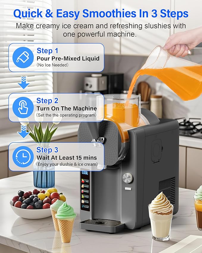 2-IN-1 Slush Machine & Ice Cream Maker Machine, 6 Modes for Smoothies, Milkshakes, Cocktails, Margarita, and Ice Cream, Double-Layer Tank, With Ice Cream Cone Holder, Self-Cleaning, For Home Use, Grey