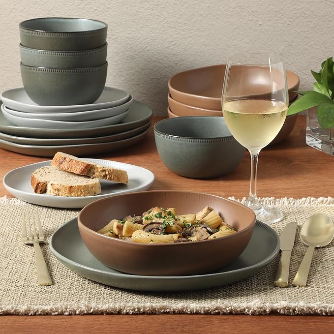 Gibson Elite Menlo Park 16-Piece Pottery Clay Stoneware Dinnerware Set – Assorted Color Reactive Glaze, Organic Shape Embossed Plates and Bowls W/Pasta Bowl, Service for 4 Microwave Dishwasher Safe