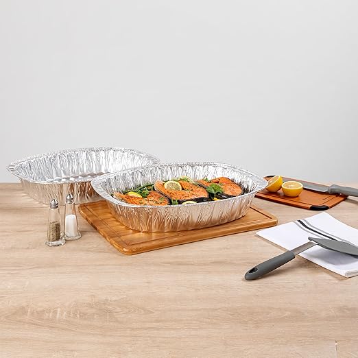 Foil Lux 17.9 x 14.2 x 3.3 Inch Oval Roasting Pans, 50 Oven-Ready Foil Pans - Freezable, Heavy-Duty, Aluminum Foil Disposable Baking Pans, For Cooking Turkey, Chicken, And More - Restaurantware