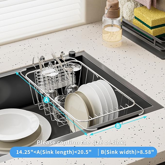 JAQ Small Dish Drying Rack in Sink Adjustable 14.25" to 20.55", Expandable 304 Stainless Steel Metal Dish Drainer Rack Organizer with Stainless Steel Utensil Holder Over Sink Counter (for 1-2 People)