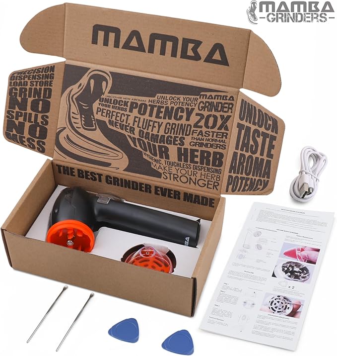 Mamba Lite 0.75g Orange All Plastic Head USB Electric Herb Grinder. Small Portable Herbal Machine & Spice Mill for the Kitchen