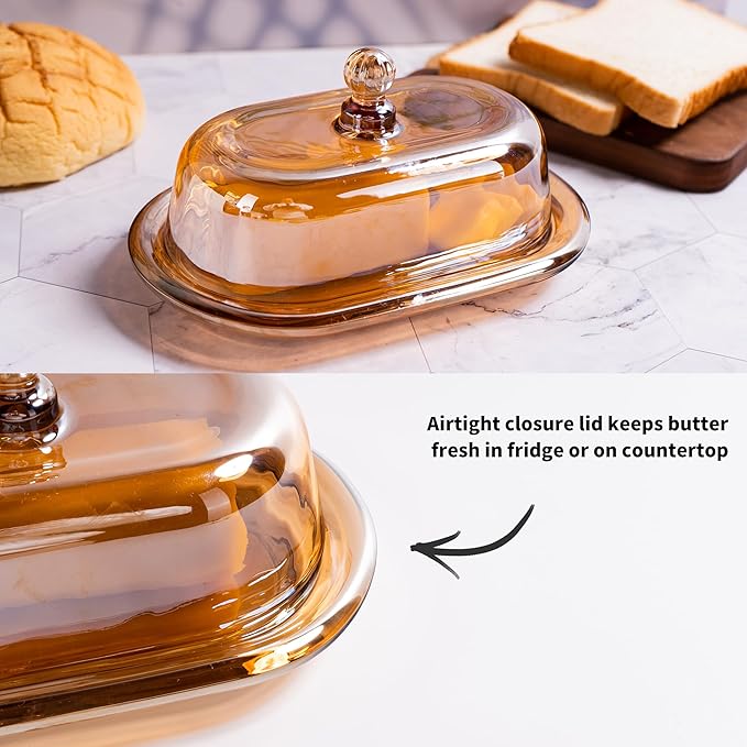 Champagne Color Glass Butter Dish with Lid, Covered Butter Stick Holder Tray, Large Crystal Glass Butter Storage Container for Kitchen Countertop